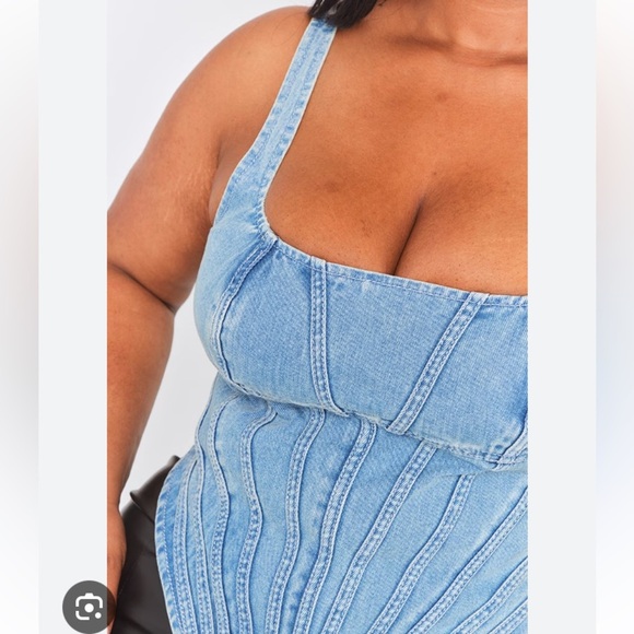 PLT PLUS VINTAGE LIGHT WASH SEAM DETAIL DENIM CORSET SEXY BUSTIER STYLE JEAN TOP - Picture 4 of 13